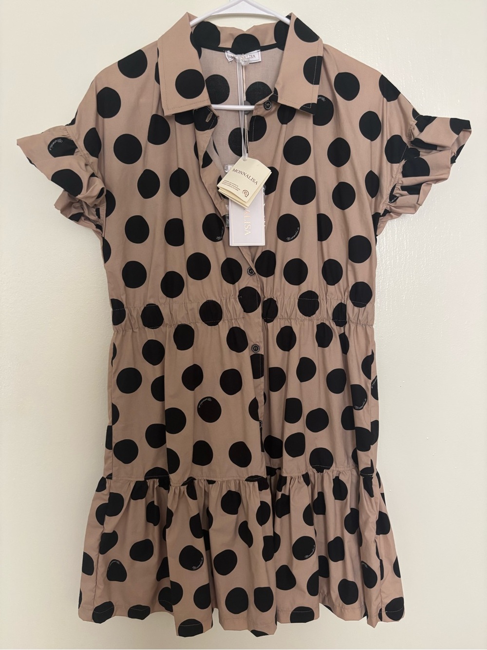 MonnaLisa Black Polka Dot Button-Front Dress on Beige 14Y girls